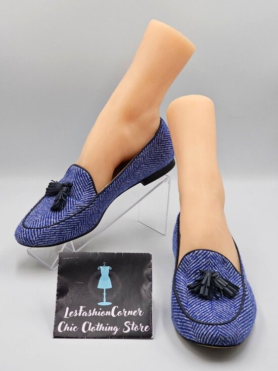 Boden Shoes - Boden Women’s Blue Ines Herringbone Tassel Loafers Flats Shoes Sz 8 (38.5) 2916